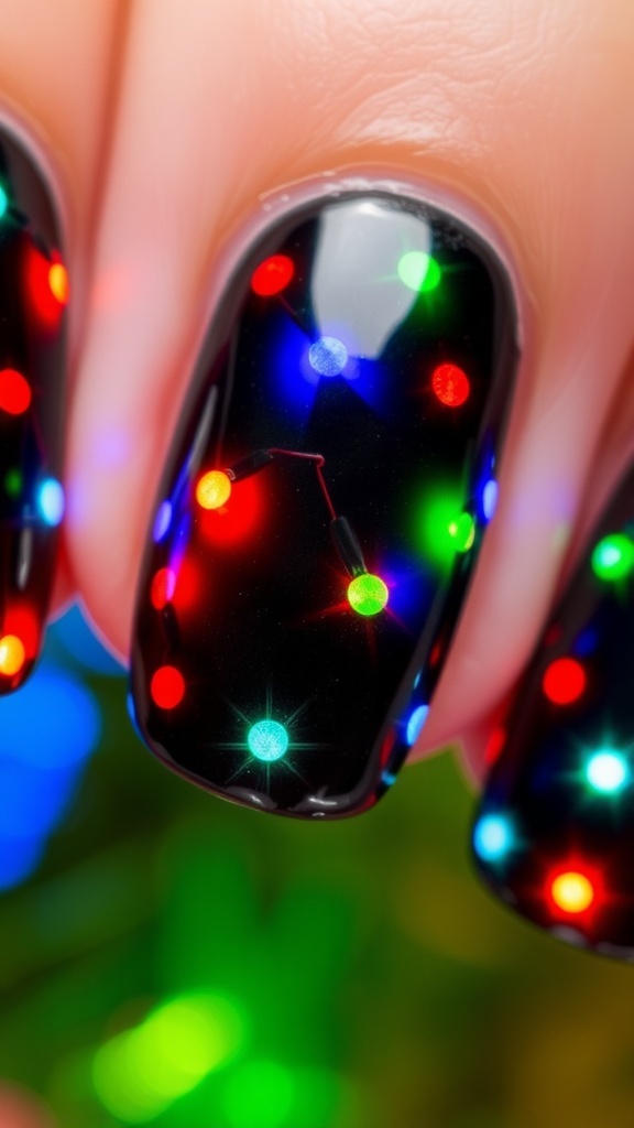 Close-up of colorful Christmas lights nail art with dots on a festive background.